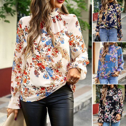 Women's Elegant Floral Print Fashionable O-Neck Casual Loose Blouses & Shirts