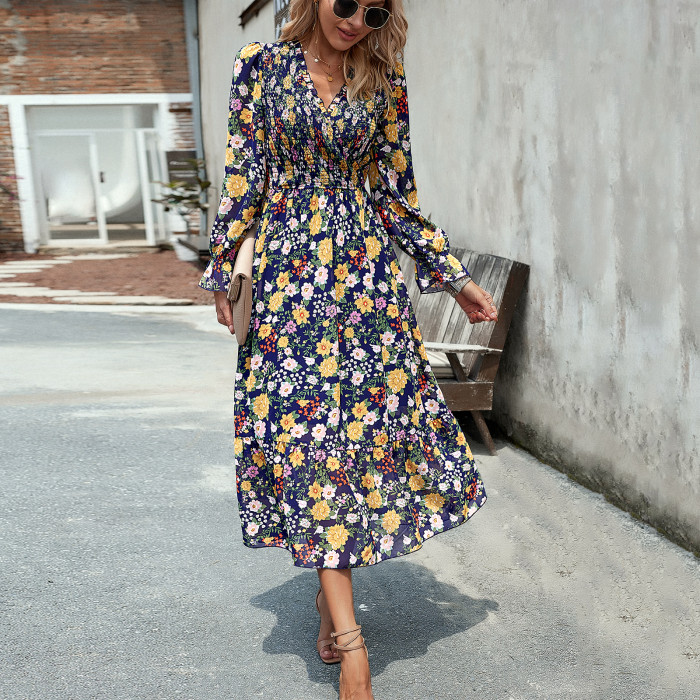 Floral Print Retro Elegant Casual V-Neck High Waist A-Line Midi  Vacation Dress