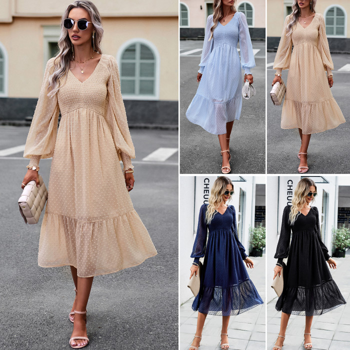Women's V-neck Lace A-Line Retro Solid Color Casual Loose Party Maxi Dress