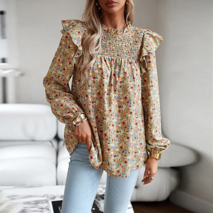 Women's Vintage O-Neck Floral Print Ruffled Crew Neck Chic Shirt