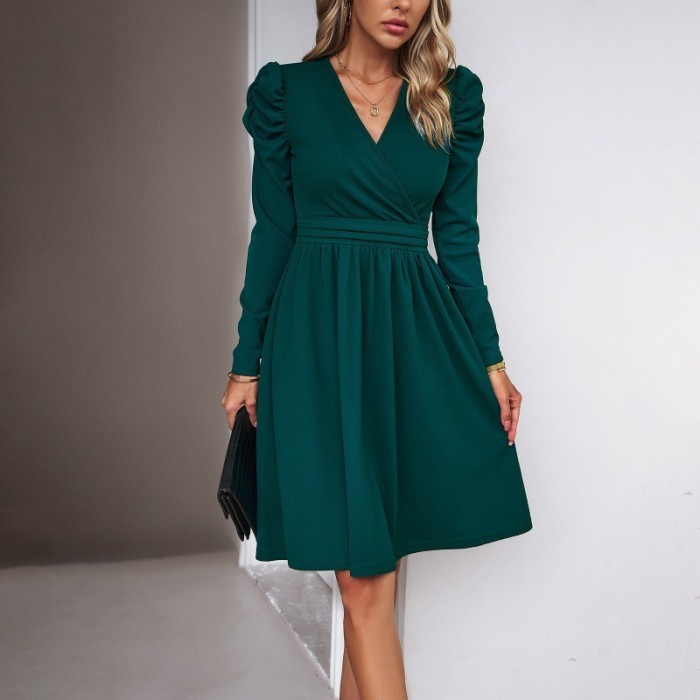 Elegant V Neck Long Sleeve Solid Color Casual Fashion Dress