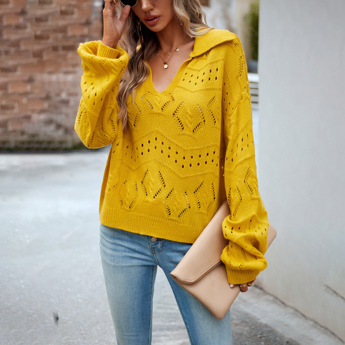 Women's Fashion Casual Loose Solid Color Hollow Sweater