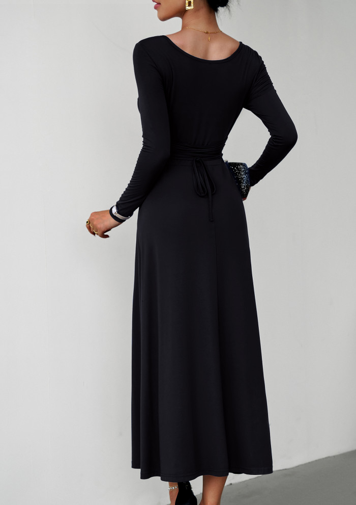 Fashion Long Sleeve Elegant Solid Color Retro High Waist U Neck A Line  Maxi Dress