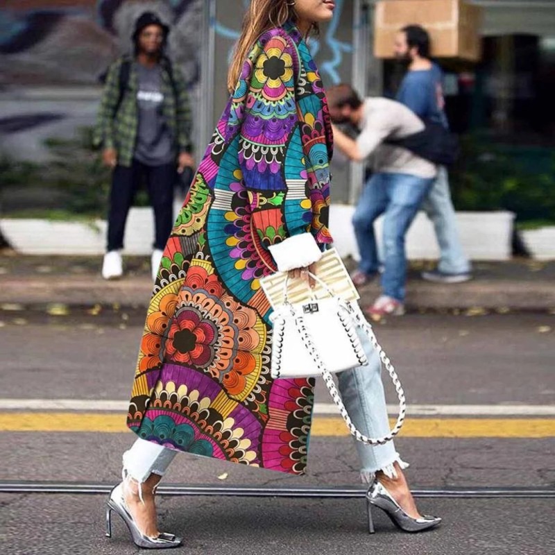 Women's Fashion Warm Printed Loose Lapel Coat Wool Windbreaker Coat