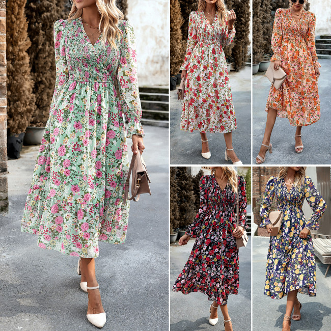 Floral Print Retro Elegant Casual V-Neck High Waist A-Line Midi  Vacation Dress