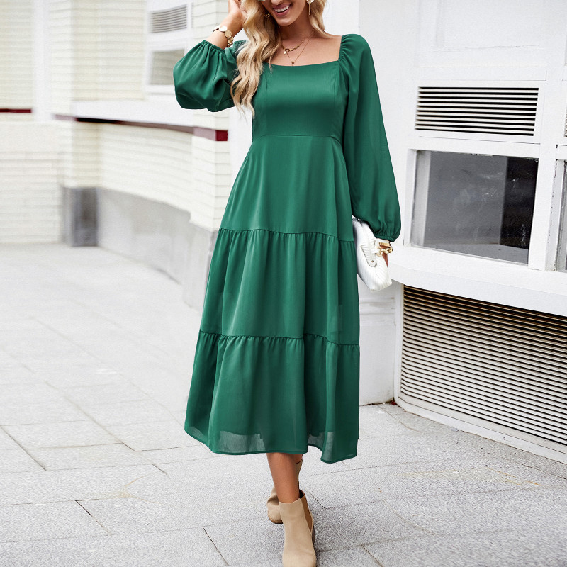 Retro Square Neck Balloon Sleeves Ruffled A-Line High Waist Chic Party Maxi Dress