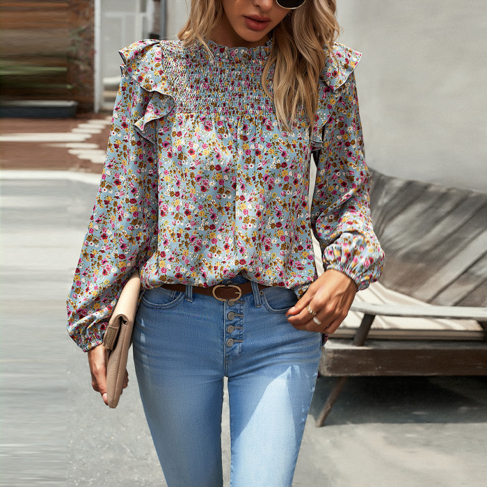 Women's Vintage O-Neck Floral Print Ruffled Crew Neck Chic Shirt