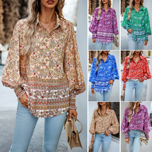 Boho Button Up Vintage Chic V Neck Loose Casual Floral Print  Blouses & Shirts Top