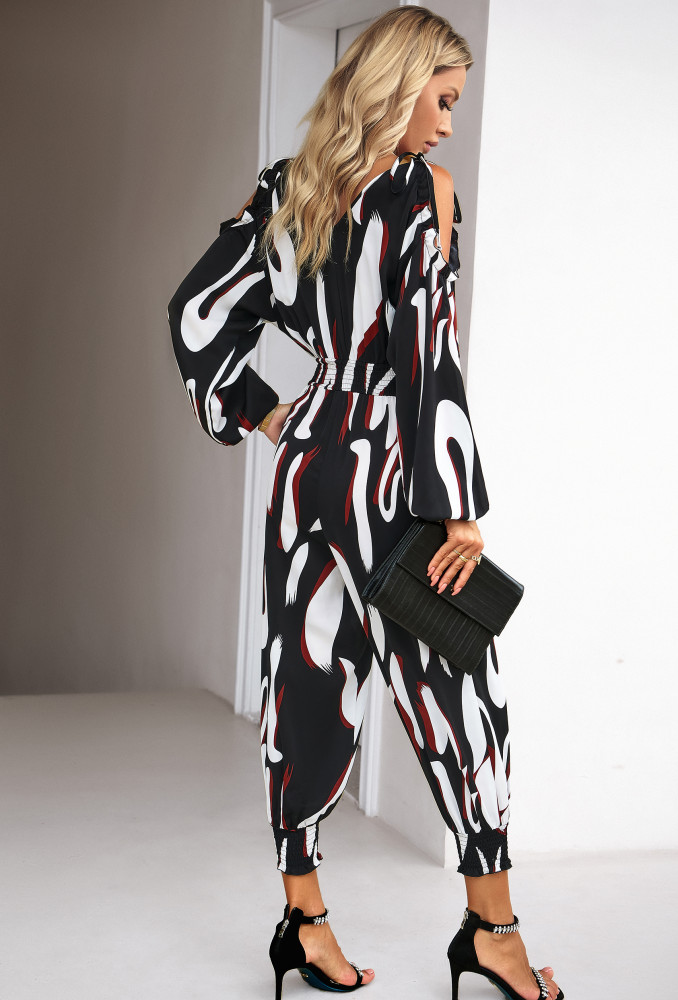 Fashionable Off-Shoulder Puff Sleeve Printed Casual Loose Wide Leg Jumpsuit