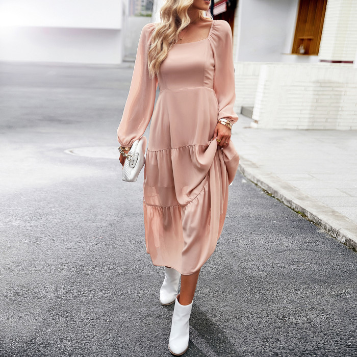 Retro Square Neck Balloon Sleeves Ruffled A-Line High Waist Chic Party Maxi Dress