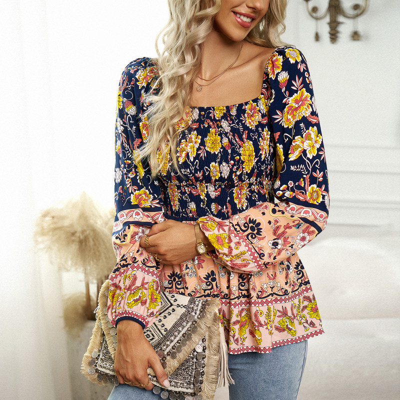 Women's Sexy Printed Fashion Bohemian Casual Puff Sleeve Square Neck Blouses & Shirts