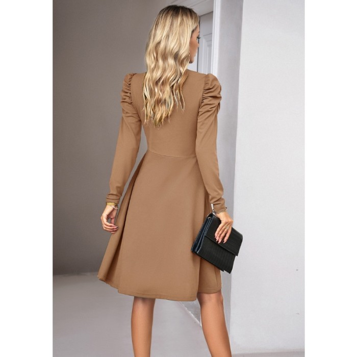 Elegant V Neck Long Sleeve Solid Color Casual Fashion Dress
