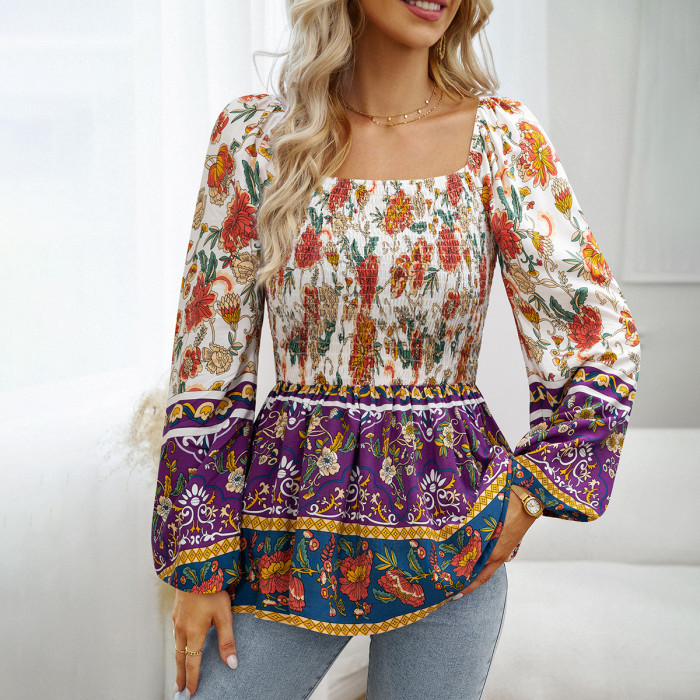 Women's Sexy Printed Fashion Bohemian Casual Puff Sleeve Square Neck Blouses & Shirts