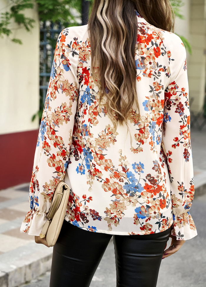 Women's Elegant Floral Print Fashionable O-Neck Casual Loose Blouses & Shirts