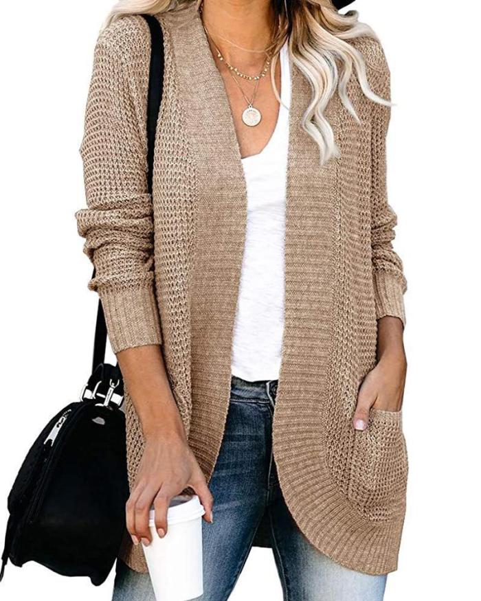 Women's Pocket V-Neck Knitted Solid Color Warm Long Sleeve Sweater Cardigan