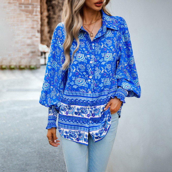 Boho Button Up Vintage Chic V Neck Loose Casual Floral Print  Blouses & Shirts Top
