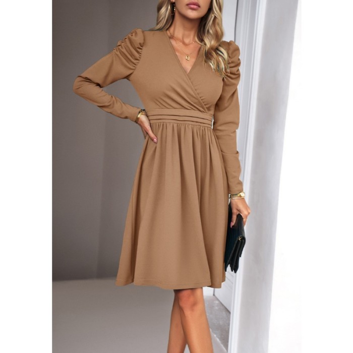 Elegant V Neck Long Sleeve Solid Color Casual Fashion Dress