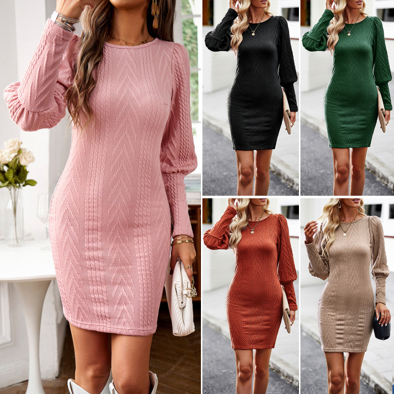 Fashionable Long Sleeve Solid Color High Waist Crew Neck Sweater Dress