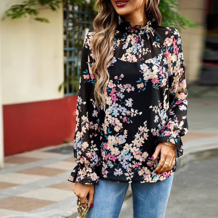 Women's Elegant Floral Print Fashionable O-Neck Casual Loose Blouses & Shirts