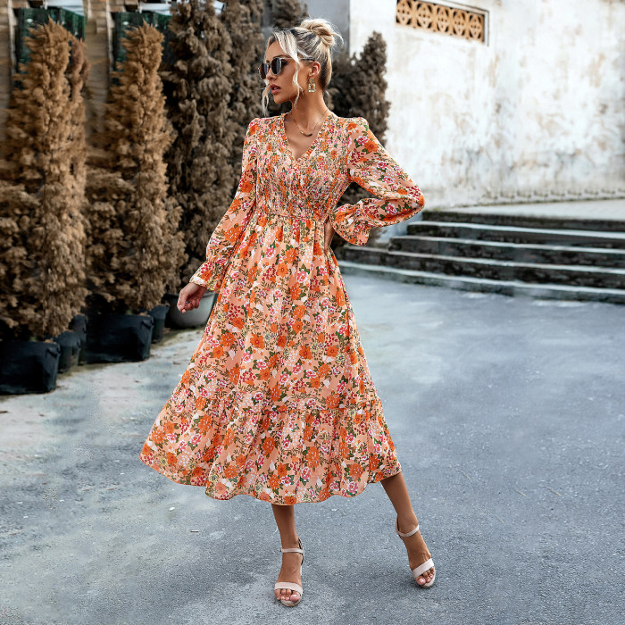 Floral Print Retro Elegant Casual V-Neck High Waist A-Line Midi  Vacation Dress