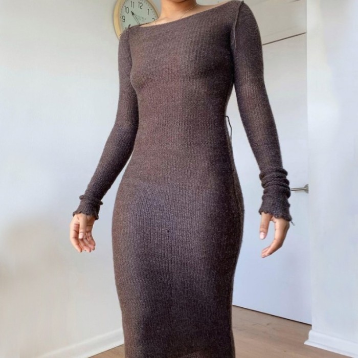 Fashion Solid Color Sexy Long Sleeve Retro Home Knitted Sweater Dress
