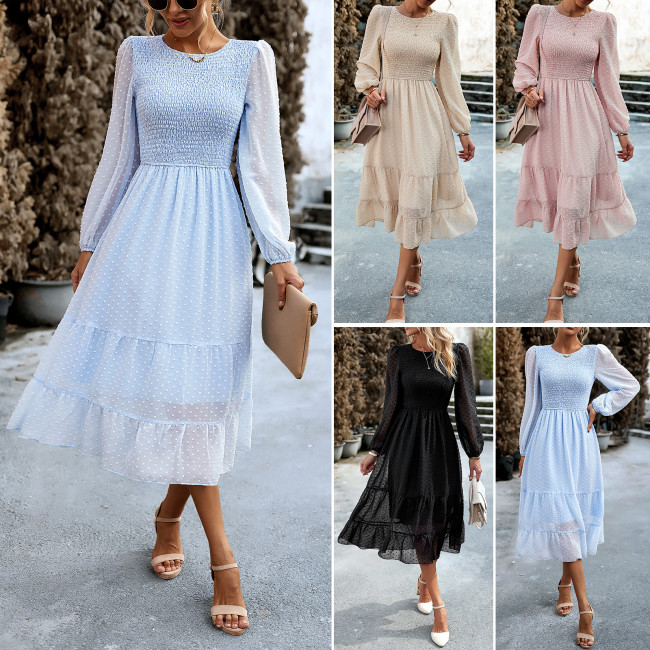 Fashion Casual O Neck Puff Sleeve Loose Elegant Solid Color High Waist Maxi Dress