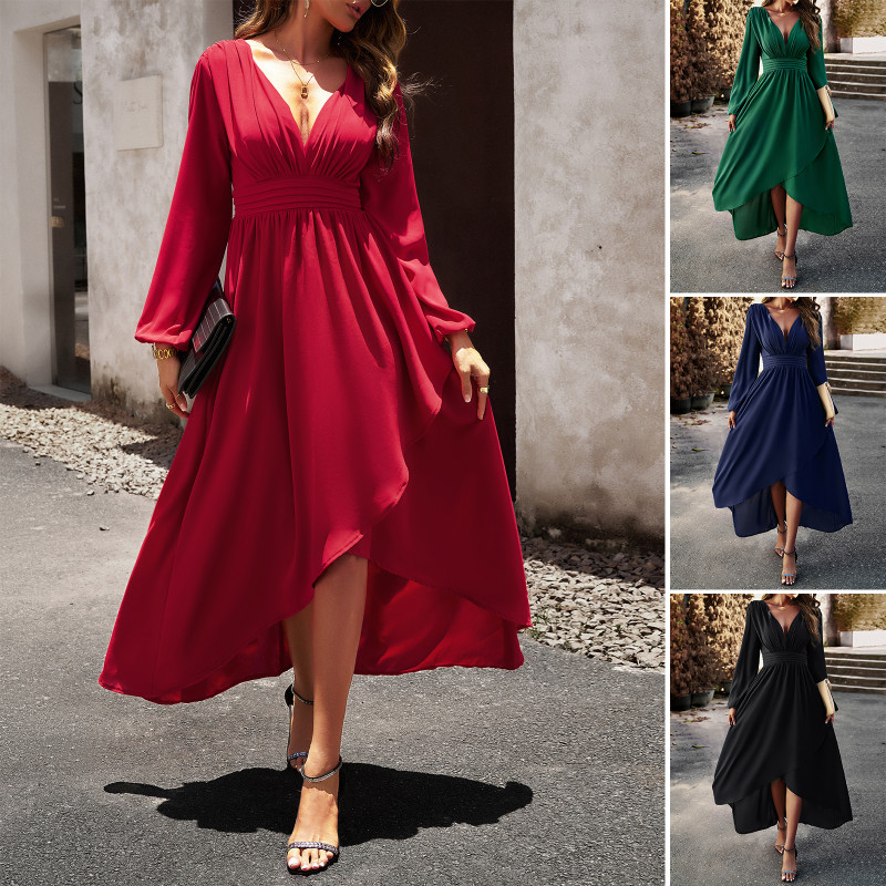Sexy Deep V Neck High Waist Elegant Solid Color Irregular Party Maxi Dress