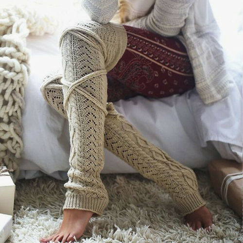 Winter Crochet Knitted Stocking Leg Warmers Boot Thigh High Fancy Women'e Stockings