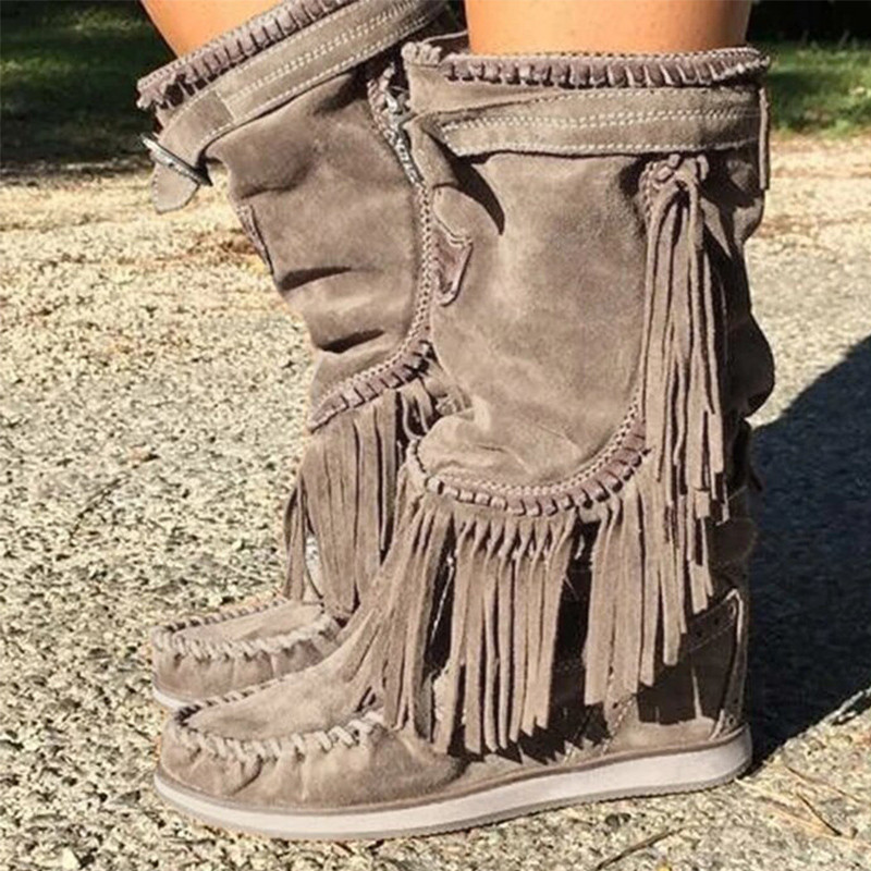 Pirate Boots Woman Pleated Tassel Mid-calf Boots Sewing Footwear Buckle Shoes