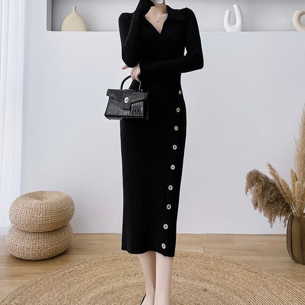 Fashionable Elegant Sexy POLO Collar Slim Knitted Solid Color Slim Sweater Dress