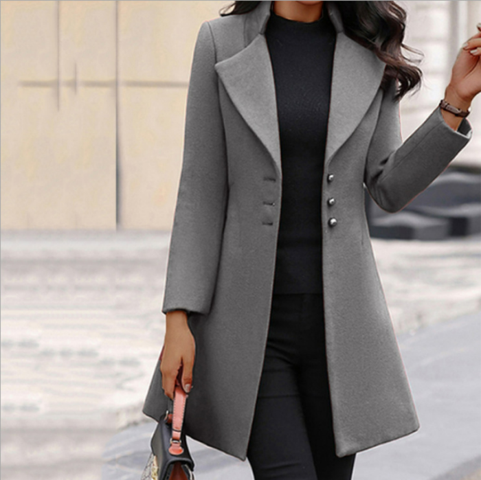 Coat for Women  Autumn and Winter Long Lapel Slim Solid Color Woolen Coat Tweed Jacket