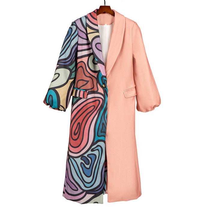 Women's Fashion Abstract Printed Casual Lapel Double-sided Wool Warm Trench Coats