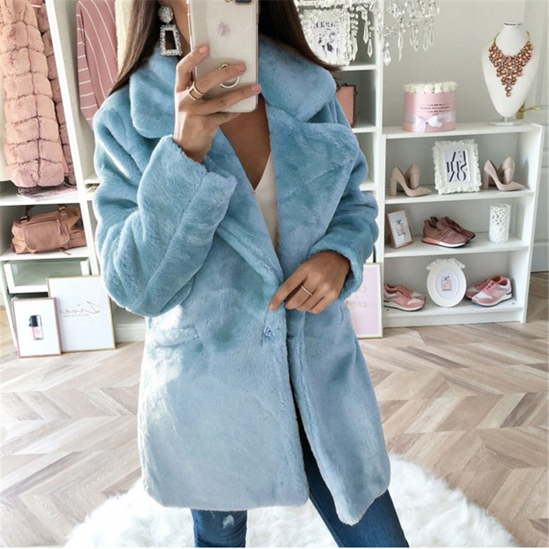 Women's Mid Length Solid Color Loose Plush Coat Imitation Fur Coats