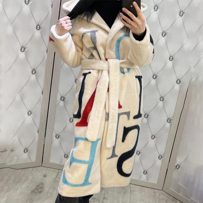 Fashionable Letter Women's Warm Loose Printed Wool Jacket Trench Coats