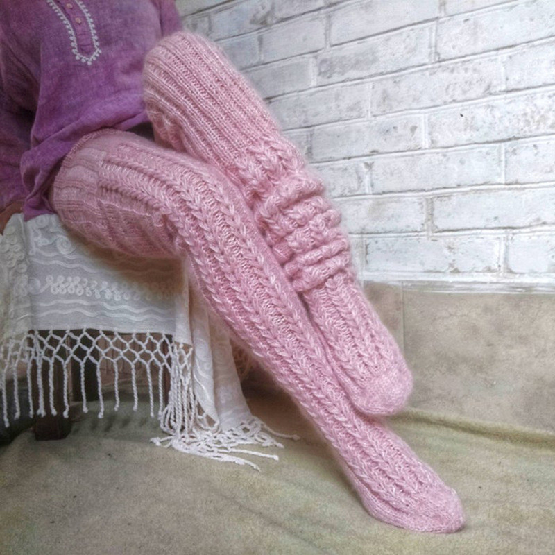 Pink Women's Solid Leg Warmers Twist Long Knee-high Stacked Socks Fashion Knitted Wool Sock Accessories Long Over The Knee Socks