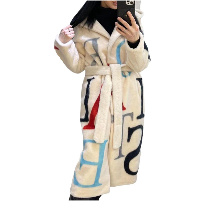 Fashionable Letter Women's Warm Loose Printed Wool Jacket Trench Coats