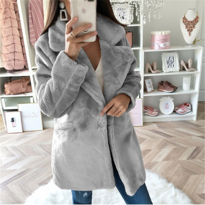 Women's Mid Length Solid Color Loose Plush Coat Imitation Fur Coats