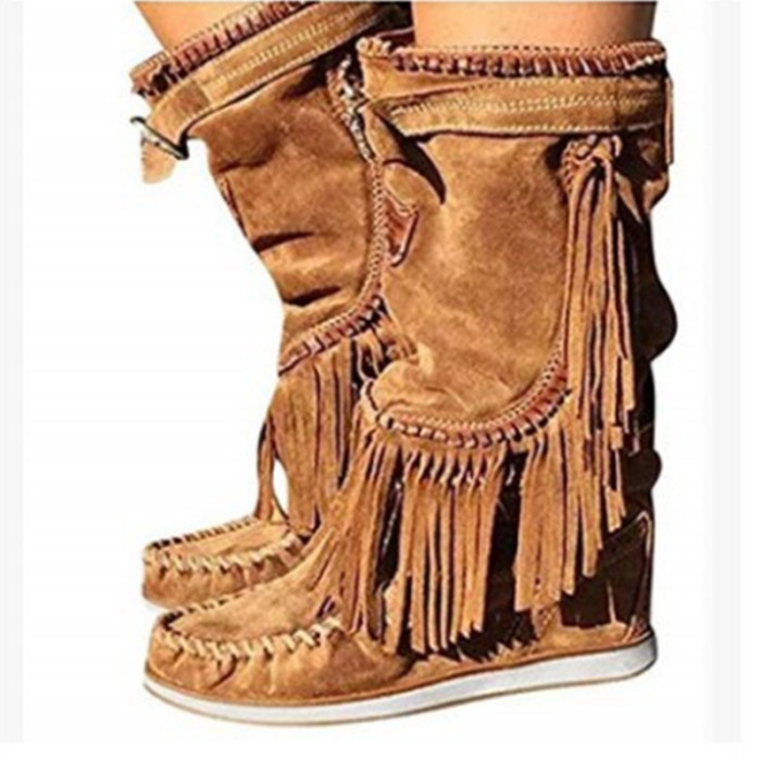 Pirate Boots Woman Pleated Tassel Mid-calf Boots Sewing Footwear Buckle Shoes