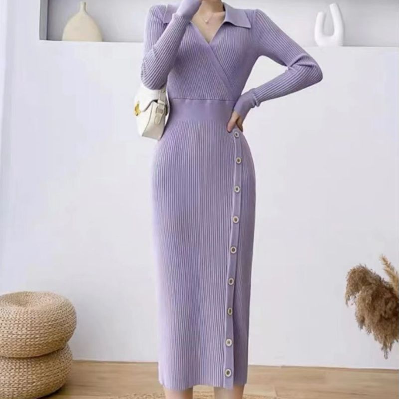 Fashionable Elegant Sexy POLO Collar Slim Knitted Solid Color Slim Sweater Dress