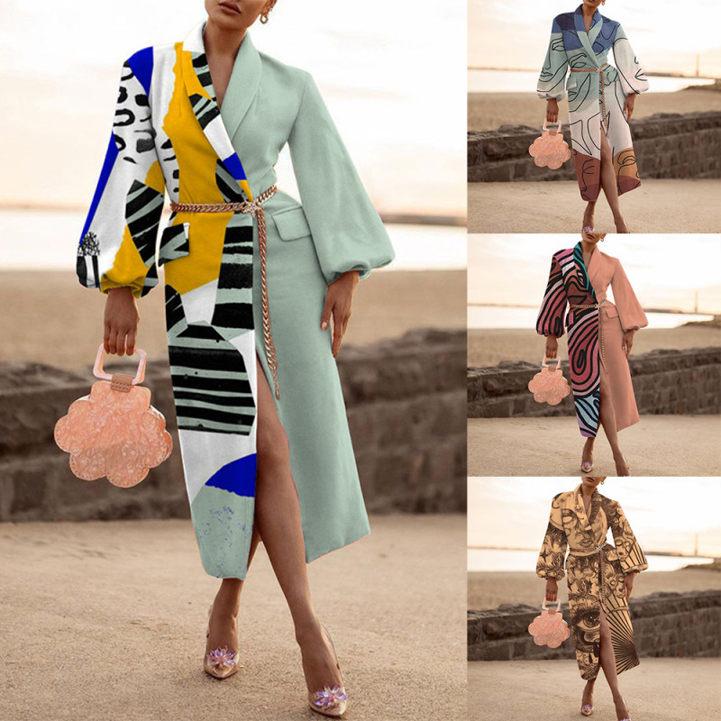 Women's Fashion Abstract Printed Casual Lapel Double-sided Wool Warm Trench Coats