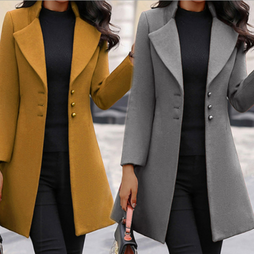 Coat for Women  Autumn and Winter Long Lapel Slim Solid Color Woolen Coat Tweed Jacket