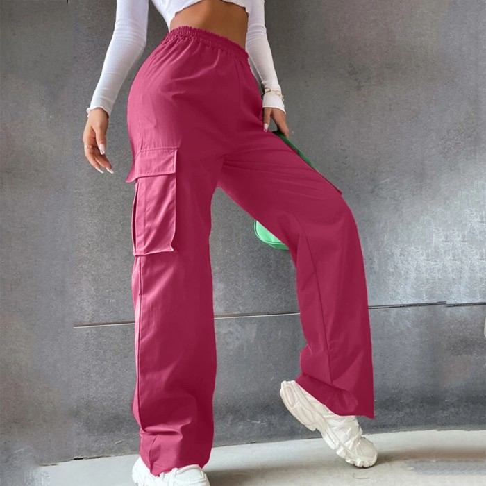 Women's Casual Solid Color Fashion Pocket High Waist Cargo Pants