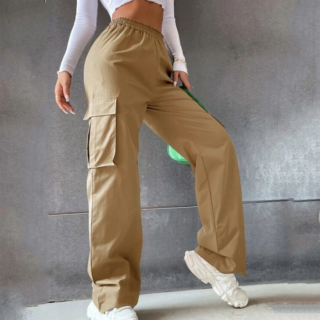 Women's Casual Solid Color Fashion Pocket High Waist Cargo Pants