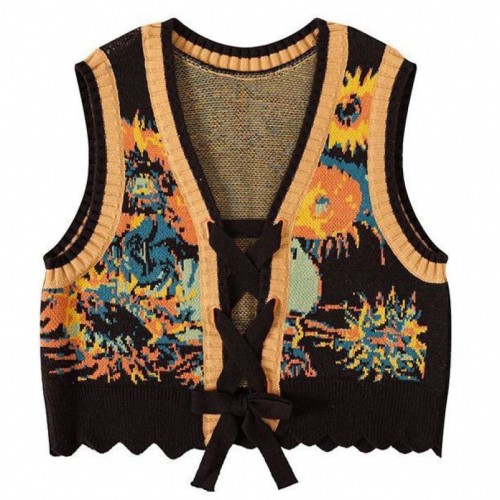 Women's Fashion Casual Retro Collar Design Floral Short Sweater Vest