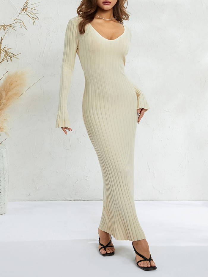Women Party Long Sleeve V Neck Party Dress Solid Color Street Club Maxi Dress