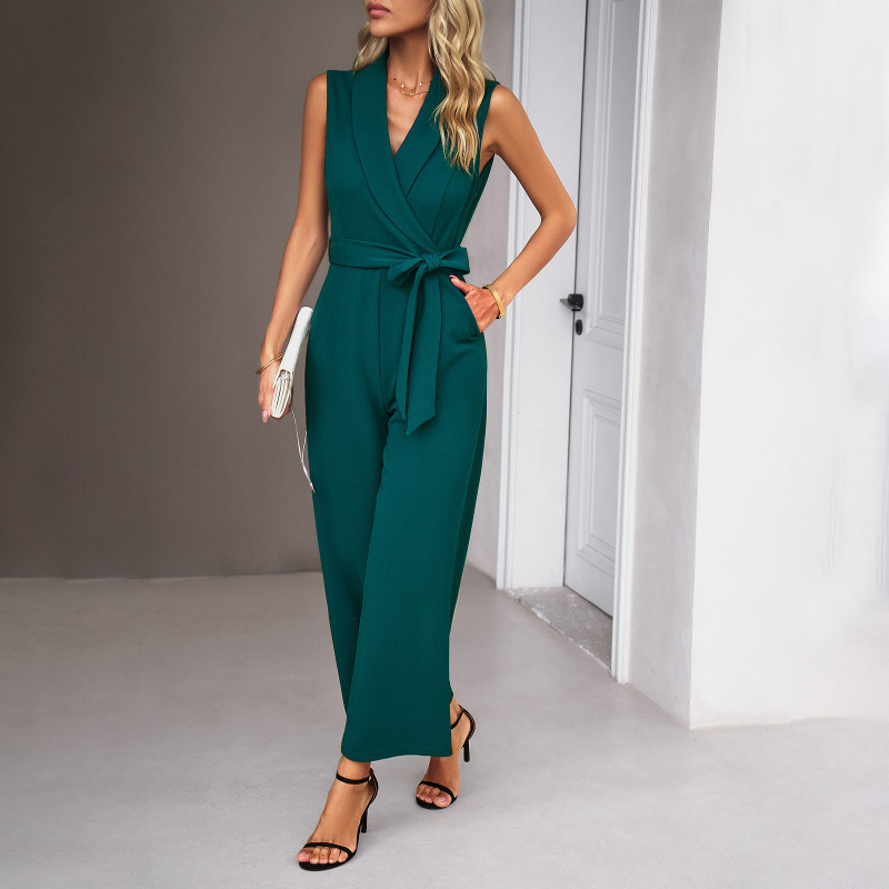 Fashion Casual Sleeveless Sexy V-Neck Solid Color Elegant Jumpsuit