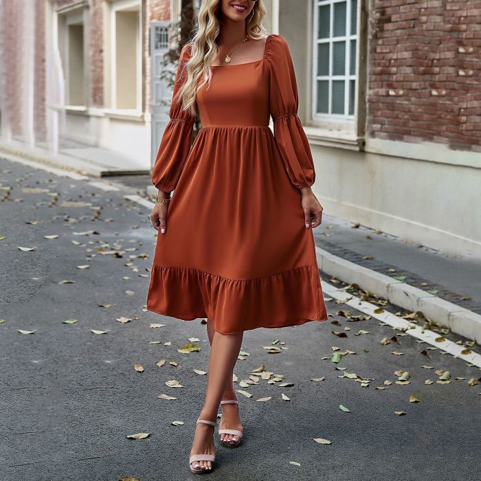 Fashion Elegant Solid Color Office Retro Long Sleeve Midi Dress
