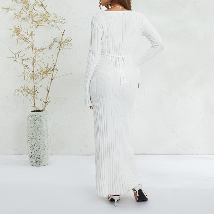 Women Party Long Sleeve V Neck Party Dress Solid Color Street Club Maxi Dress