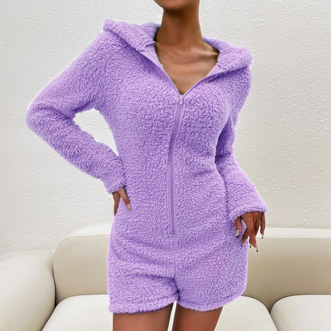 Fashion Women's Cute Hooded Plush Zipper Sexy Rompers