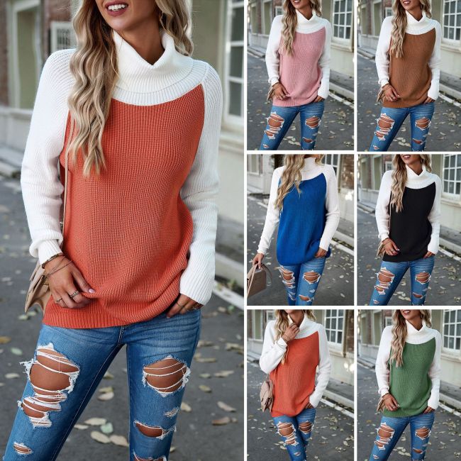 Women's Fashion Casual Turtleneck Solid Color Knitted Long Sleeve Sweater